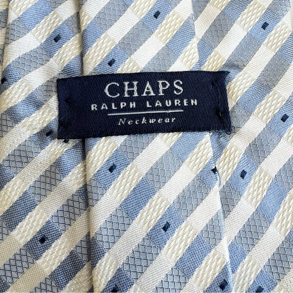 CHAPS Ralph Lauren Silk Preppy Necktie MADE IN USA Blue and Cream Stripe - Picture 3 of 7